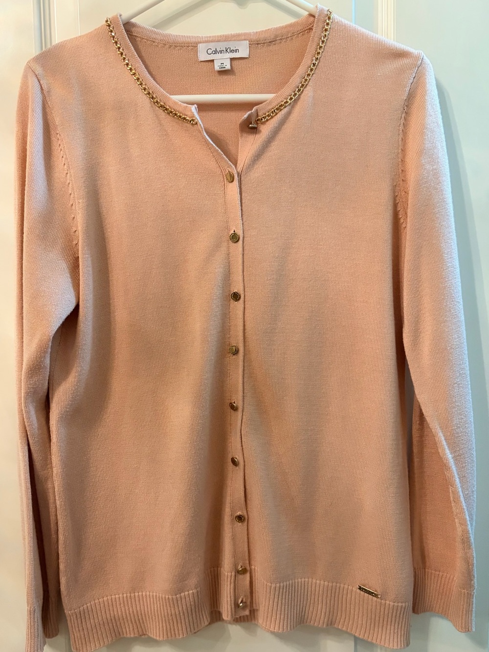 Calvin Klein Pink Crewneck Cardigan with Gold Chain Trim
